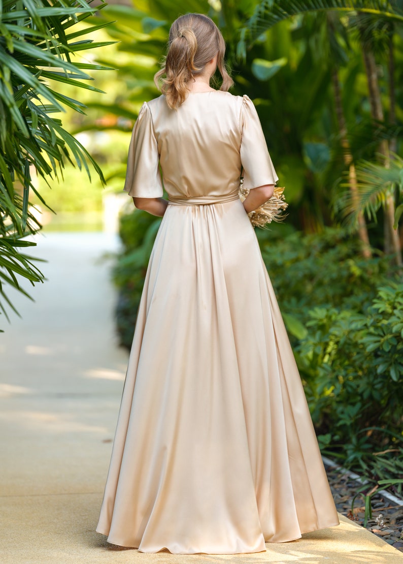 Champagne Gold V-neck Half Sleeve Long Formal Bridesmaid Dress